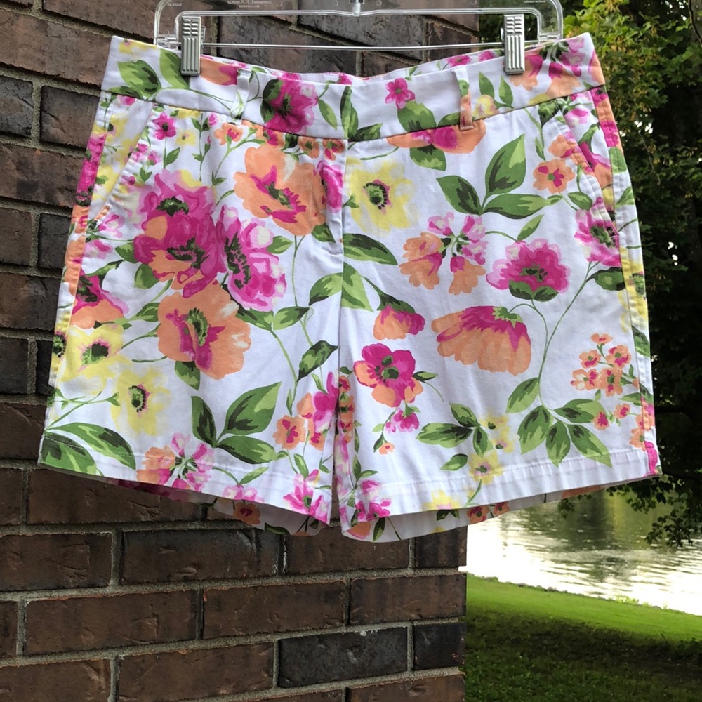 Floral Cotton Blend Women’s Shorts - White with Pink & Yellow Flowers